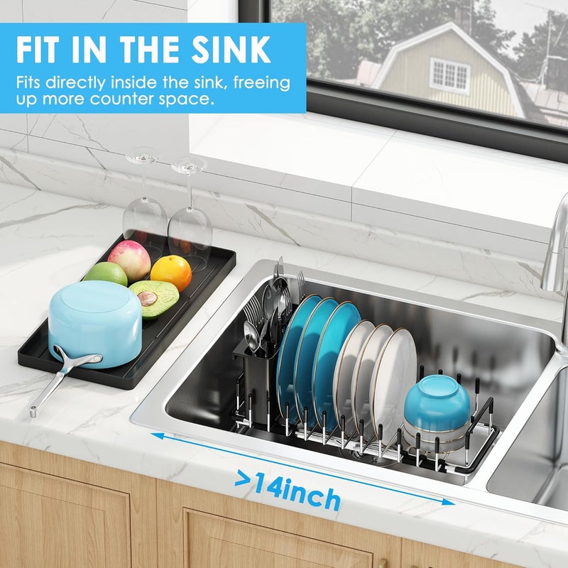 ANTOPY Small Dish Drying Rack - Expandable 304 Stainless Steel Rustproof Dish Rack Over Sink with Silicone Drying Mat & Cutlery Holder, Compact Dish Drainer for Kitchen Counter, Inside Sink, Silver - Image 5